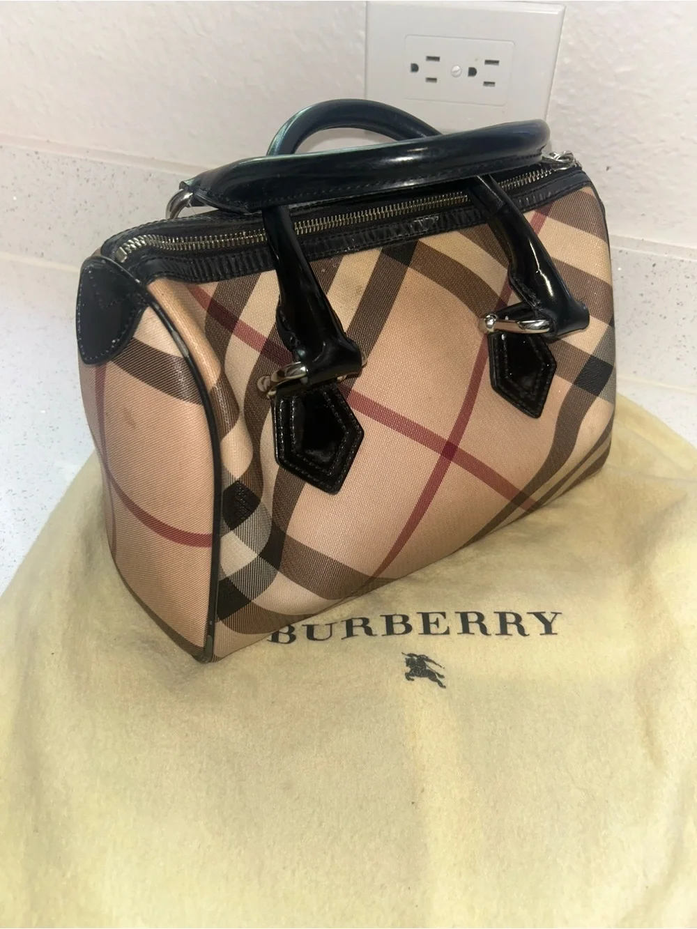Burberry Classic Nova Check Satchel with Black Leather Handles